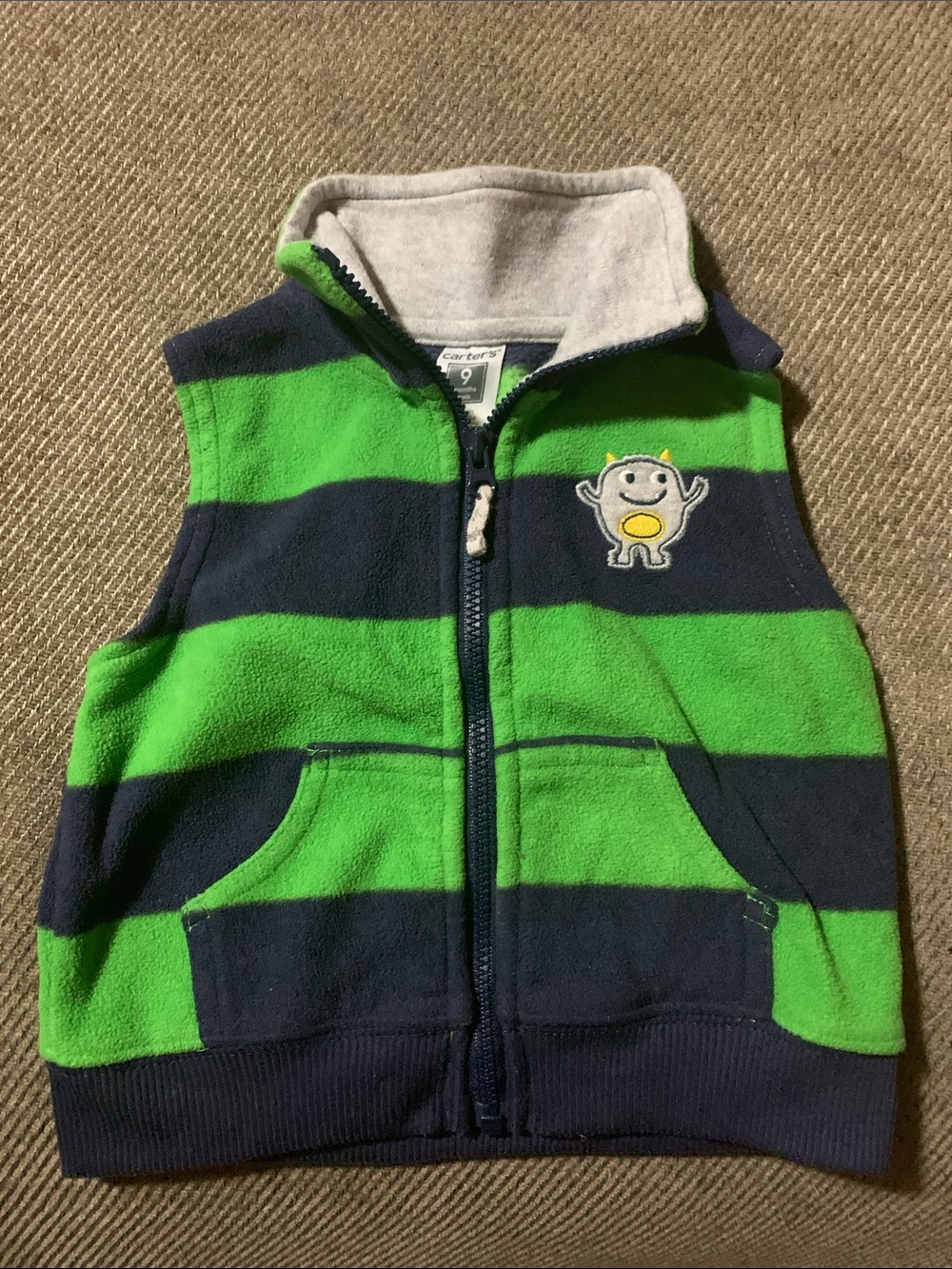 💚Carter's Bright Green and Navy Striped Fleece Vest